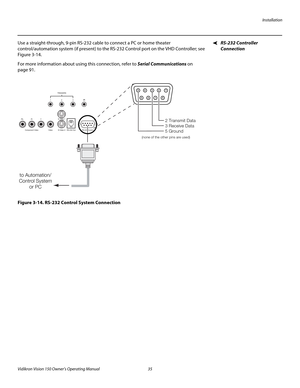 Page 47Installation
Vidikron Vision 150 Owner’s Operating Manual 35 
PREL
IMINARY
RS-232 Controller 
Connection 
Use a straight-through, 9-pin RS-232 cable to connect a PC or home theater 
control/automation system (if present) to the RS-232 Control port on the VHD Controller; see 
Figure 3-14. 
For more information about using this connection, refer to Serial Communications on 
page 91.
Figure 3-14. RS-232 Control System Connection
Pb Pr Y
Video3
IR
RS-232 Control S-Video 1
S-Video 2 12
TRIGGERS
RS-232 Out...