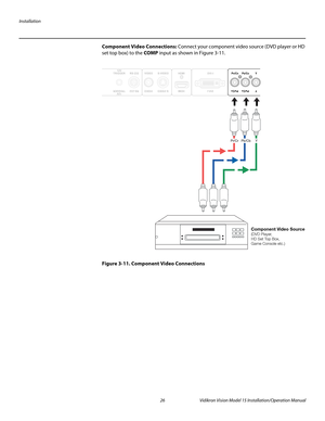 Page 40Installation
26 Vidikron Vision Model 15 Installation/Operation Manual
Component Video Connections: Connect your component video source (DVD player or HD 
set top box) to the COMP input as shown in Figure 3-11.  
Figure 3-11. Component Video Connections
Pr/Cr   Pb/Cb     Y
Component Video Source(DVD Player,
HD Set Top Box,
Game Console etc.) 