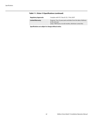 Page 76Specifications
62 Vidikron Vision Model 15 Installation/Operation Manual
Regulatory Approvals:Complies with FCC Class B, CE, C-Tick, GOST
Limited Warranty: Projector: Two (2) years parts and labor from the date of delivery 
to the end user.
Lamp: 1000 hours or six (6) months, whichever comes first. 
Specifications are subject to change without notice. 
Table 7-1. Vision 15 Specifications (continued) 