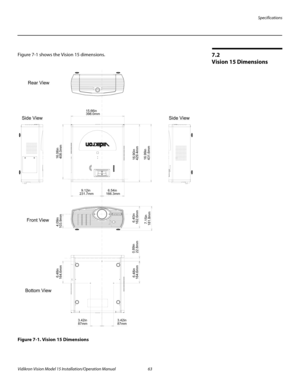 Page 77Specifications
Vidikron Vision Model 15 Installation/Operation Manual 63 
7.2 
Vision 15 Dimensions
Figure 7-1 shows the Vision 15 dimensions. 
Figure 7-1. Vision 15 Dimensions
398.0mm
181.8mm162.6mm
Rear View
Side View Side View
Bottom ViewFront View
429.4mm
431.6mm 22.8mm 164.6mm
87mm 87mm
164.6mm 408.0mm
231.7mm 166.3mm
16.06in
16.90in
16.99in
15.66in
9.12in
6.48in
6.48in0.89in
3.42in 3.42in
6.40in
7.15in
6.54in
103.9mm4.09in 