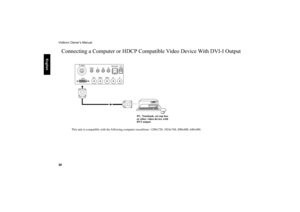 Page 29Vidikron Owner’s Manual
28
     
English
Connecting a Computer or HDCP Compatible Video Device With DVI-I Output
This unit is compatible with the following computer resoultions: 1280x720, 1024x768, 800x600, 640x480.
PC, Notebook, set top box 
or other video device with 
DVI output 