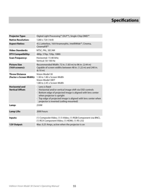 Page 55
55Vidikron Vision Model 30 Owner’s Operating Manual

Projector Type:Digital Light Processing™ (DLP™), Single-Chip DMD™
Native Resolution:
1280 x 720 (16:9)
Aspect Ratios: 4:3, Letterbox, 16:9 Anamorphic, IntelliWide™, Cinema, 
 
 CinemaFill™
Video Standards: NTSC, PAL, SECAM
DTV Compatibility: 480p, 576p, 720p, 1080i
Scan Frequency: Horizontal: 15-80 kHz; 
 
Vertical: 50-100 Hz
Picture Size
 
(16:9 screens): Recommended Width: 72 in. (1.83 m) to 96 in. (2.44 m)
Capable of screen widths between 48 in....