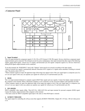 Page 121.  Input Terminal
This is an input terminal for component signals (Y, CB, CR) or DTV-format (Y, PB, PR) signals. Devices which have component signal 
output terminals can be connected. This terminal can also be used as multipurpose video input terminals that allow input of the following 
signals:  analog  RGB  signals,  vertical  sync  (V)  signals,  and  horizontal  sync  (H)  signals/  composite  signals  (Cs).  Devices  which  have 
analog RGB signals output terminals can be connected.
To use this...