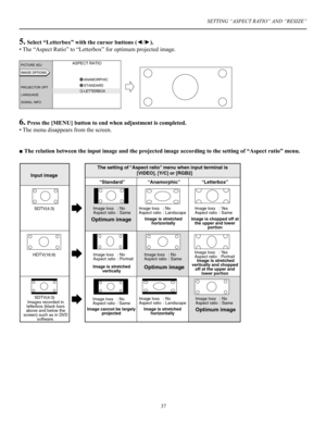 Page 38SETTING “ASPECT RATIO” AND “RESIZE”
37
5. Select “Letterbox” with the cursor buttons (◄/►).
• The “Aspect Ratio” to “Letterbox” for optimum projected image.
6. Press the [MENU] button to end when adjustment is completed.
• The menu disappears from the screen.
■ The relation between the input image and the projected image according to the setting of “Aspect ratio” menu.
������������
����������
���������
��������
�����������
�������������
�������������
��������
�����������
�����������
���������
����������...