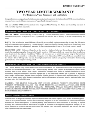 Page 87
LIMITED WARRANTY
TWO YEAR LIMITED WARRANTY
For Projectors, Video Processors and Controllers
Congratulations on your purchase of a Vidikron video product and welcome to the Vidikron family! With proper installation, 
setup and care, you should enjoy many years of unparalleled video performance. 
This  is  a  LIMITED WARRANTY  as  defined  in  the  Magnuson-Moss  Warranty Act.  Please  read  it  carefully  and  retain  it 
with your other important documents.
SERVICE LABOR:  Vidikron will pay for service...