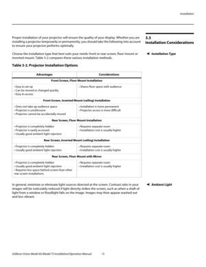 Page 31Installation
Vidikron Vision Model 65/Model 75 Installation/Operation Manual 15 
3.3 
Installation Considerations
Proper installation of your projector will ensure the quality of your display. Whether you are 
installing a projector temporarily or permanently, you should take the following into account 
to ensure your projector performs optimally.
Installation TypeChoose the installation type that best suits your needs: front or rear screen, floor mount or 
inverted mount. 
Table 3-2 compares these...