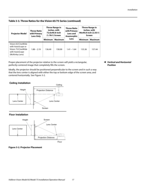 Page 33Installation
Vidikron Vision Model 65/Model 75 Installation/Operation Manual 17 
Vertical and Horizontal 
Position 
Proper placement of the projector relative to the screen will yield a rectangular, 
perfectly-centered image that completely fills the screen.
Ideally, the projector should be positioned perpendicular to the screen and in such a way 
that the lens center is aligned with either the top or bottom edge of the screen area, and 
centered horizontally. See 
Figure 3-2.
Figure 3-2. Projector...