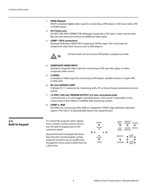 Page 20Controls and Functions
8 Vidikron Vision 70 Series Owner’s Operating Manual
PREL
IMINARY
1.HDMI (Digital) 
HDCP-compliant digital video input for connecting a DVD player or HD tuner with a DVI 
or HDMI output.
2.(For future use) 
DO NOT USE THIS CONNECTOR. Although it looks like a DVI input, it does not function 
like one and cannot be used as an additional video input. 
3.COMP 1 (RCA connectors) 
Standard Definition (480i/576i) Component (YPrPb) input. This is the input for 
component video from sources...