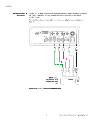 Page 40Installation
28 Vidikron Vision 70 Series Owner’s Operating Manual
PREL
IMINARY
RS-232 Controller 
Connection
Connect a PC or home theater control/automation system (if present) to the RS-232 port on 
the Vision 70; see 
Figure 3-12. Use a standard, 4-wire RJ-11 telephone cable, wired 
straight-through.
For more information about using this connection, refer to Serial Communications on 
page 65.
Figure 3-12. RS-232 Control System Connection
➤
S-VID /S-VID
DTV Source, 
DVD Player, VCR,
Satellite Receiver...