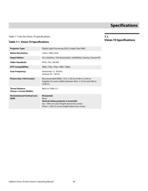 Page 81Vidikron Vision 70 Series Owner’s Operating Manual 69 
PREL
IMINARY
7.1 
Vision 70 Specifications
Table 7-1 lists the Vision 70 specifications.  
7Specifications
Table 7-1. Vision 70 Specifications 
Projector Type:Digital Light Processing (DLP), Single-Chip DMD
Native Resolution:1920 x 1080 (16:9)
Aspect Ratios:4:3, Letterbox, 16:9 Anamorphic, IntelliWide, Cinema, Cinema Fill
Video Standards:NTSC, PAL, SECAM
DTV Compatibility:480p, 576p, 720p, 1080i, 1080p
Scan Frequency:Horizontal: 15 - 80 kHz...