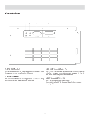 Page 1111
Connector Panel
RS-232C DVI SVC SYNC
OUT
1.  [SYNC OUT] Terminal
This terminal is intended for servicing purposes. Do not use it. Using 
it may cause an error or malfunction of the unit.
2. [SERVICE] Terminal
This terminal is intended for servicing purposes. Do not use it. Using 
it may cause an error and malfunction of the unit.3. [RS-232C] Terminal (D-sub 9 Pin)
This is the RS-232C interface-speciﬁ  c terminal. This unit can be con-
trolled by a computer connected externally. (see page 18) • For...