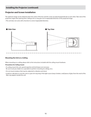 Page 1616
Projector and Screen Installation
The optimum image can be obtained when the center of the lens and the screen are placed perpendicular to each other. Take note of the 
projection angle when placing them. Failing to do so may give rise to trapezoidal distortion of the projected image.
• This unit does not come with a function to correct trapezoidal distortion.
Side ViewTo p  V i e w
Mounting the Unit on a Ceiling
When mounting on a ceiling, please refer to the instructions included with the ceiling...