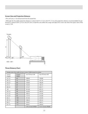 Page 1717
„„
# 
#
4DSFFO
Screen Size and Projection Distance 
• This unit uses a 1.3x manual zoom lens for projection.
• Although the focusable projection distance is about 4.92 ft (1.5 m) to 39.37 ft. (12 m), the projection distance recommendable for per-
formance is about 6.56 ft. (2 m) to 26.25 ft. (8 m). Install this unit within this range and adjust the screen size when the aspect ratio of the 
screen is 16:9.
Simply enter the width of your screen (16X9 screen) in inches
Screen 
HeightScreen...