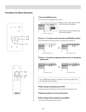 Page 2525
Procedures for Menu Operation
1 Press the [MENU] button
• The main menu is displayed on the screen.
Display of the menu item currently 
selected becomes highlighted.
Details of the currently selected menu 
item will be displayed.
8)*5&#- (..
1*$563&%+
130+&$503015
015*0/4
*/03.5*0/,$645 $645
3&%oo
5&45155&3/
ENTER
/03.- #$6450.
(3&&/oo#-6&oo
E.g.: “Picture Adj” menu
2 Press [5/6] to select a main menu item and [ENTER] to conﬁ rm
• The “Information” menu does not have a setting...