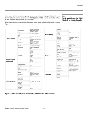 Page 63Operation
Vidikron Vision 85 Owner’s Operating Manual 51 
PREL
IMINARY
4.3 
On-Screen Menus for 1080i 
(Digital) or 1080p Signals
After you have finished calibrating the projector to optimize the display of 1080i analog and 
lower-resolution sources, do likewise for 1080i digital and 1080p sources (connected to the 
HDMI 1 or HDMI 2 inputs on the VHD Controller). 
When the projector receives a 1080i digital and 1080p signal, it displays the menus shown in 
Figure 4-6. 
Figure 4-6. OSD Menu Structure for...