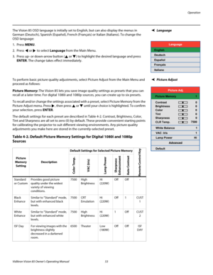 Page 65Operation
Vidikron Vision 85 Owner’s Operating Manual 53 
PREL
IMINARY
LanguageThe Vision 85 OSD language is initially set to English, but can also display the menus in 
German (Deutsch), Spanish (Español), French (Français) or Italian (Italiano). To change the 
OSD language:
1. Press MENU.
2. Press  or  to select Language from the Main Menu.
3. Press up- or down-arrow button ( or ) to highlight the desired language and press 
ENTER. The change takes effect immediately. 
Picture AdjustTo perform basic...