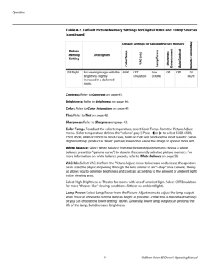 Page 66Operation
54 Vidikron Vision 85 Owner’s Operating Manual
PREL
IMINARY
Contrast: Refer to Contrast on page 41.
Brightness: Refer to Brightness on page 40.
Color: Refer to Color Saturation on page 41.
Tint: Refer to Tint on page 42.
Sharpness: Refer to Sharpness on page 43.
Color Temp.: To adjust the color temperature, select Color Temp. from the Picture Adjust 
menu. (Color temperature defines the “color of gray.”) Press  or  to select 5500, 6500, 
7500, 8500, 9300 or 10500. In most cases, 6500 or 7500...