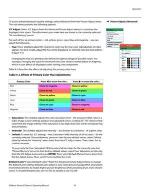 Page 67Operation
Vidikron Vision 85 Owner’s Operating Manual 55 
PREL
IMINARY
Picture Adjust (Advanced)To access advanced picture quality settings, select Advanced from the Picture Adjust menu. 
This sub-menu presents the following options:
ICC Adjust: Select ICC Adjust from the Advanced Picture Adjust menu to customize the 
displayed color space. The adjustments you make here are stored in the currently-selected 
“
Picture Memory“ preset. 
For each of the six primary colors – red, yellow, green, cyan, blue and...