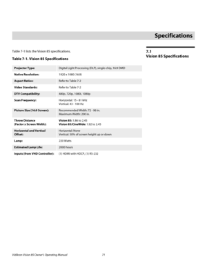 Page 83Vidikron Vision 85 Owner’s Operating Manual 71 
PREL
IMINARY
7.1 
Vision 85 Specifications
Table 7-1 lists the Vision 85 specifications.  
7Specifications
Table 7-1. Vision 85 Specifications 
Projector Type:Digital Light Processing (DLP), single-chip, 16:9 DMD
Native Resolution:1920 x 1080 (16:9)
Aspect Ratios:Refer to Table 7-2 
Video Standards:Refer to Table 7-2 
DTV Compatibility:480p, 720p, 1080i, 1080p
Scan Frequency:Horizontal: 15 - 81 kHz 
Vertical: 43 - 100 Hz
Picture Size (16:9...