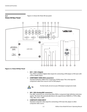 Page 16Controls and Functions
2-2 Vidikron Vision Model 90 Owner’s Operating Manual
2.2 
Vision 90 Rear Panel
Figure 2-2 shows the Vision 90 rear panel. 
Figure 2-2. Vision 90 Rear Panel
1.DVI 1 / DVI 2 (Digital) 
Two, HDCP-compliant digital video inputs for connecting a DVD player or HD tuner with 
a DVI or HDMI output.
2.COMPONENT VIDEO (RCA connectors) 
Standard Definition (480i/576i) Component (YPrPb) input. This is the input for 
component video from sources such as DVD players.
3.HD1 / HD2 (Analog BNC...