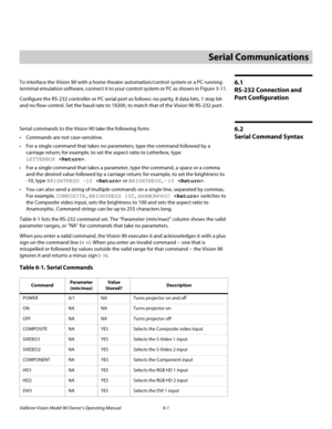 Page 51Vidikron Vision Model 90 Owner’s Operating Manual 6-1 
6.1 
RS-232 Connection and 
Port Configuration
To interface the Vision 90 with a home theater automation/control system or a PC running 
terminal emulation software, connect it to your control system or PC as shown in 
Figure 3-11. 
Configure the RS-232 controller or PC serial port as follows: no parity, 8 data bits, 1 stop bit 
and no flow control. Set the baud rate to 19200, to match that of the Vision 90 RS-232 port. 
6.2 
Serial Command Syntax...