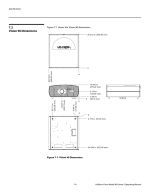 Page 58Specifications
7-4 Vidikron Vision Model 90 Owner’s Operating Manual
7.2 
Vision 90 Dimensions
Figure 7-1 shows the Vision 90 dimensions. 
Figure 7-1. Vision 90 Dimensions
01.500 in.
(38.10 mm) 10.993 in.
(279.22 mm)
5.734 in. 
(145.64 mm)0
0 26.370 in. (669.80 mm)
0
0
0
2.179 in. (55.35 mm)
24.549 in. (623.54 mm)
23.618 in.
(599.90 mm)
2.892 in.
(73.46 mm) 20.712 in.
(526.08 mm)
13.337 in.
(338.76 mm) 