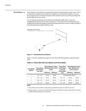 Page 26Installation
16 Vidikron Vision Model 90t and Model 100t Owner’s Operating Manual
Throw DistanceThrow distance is the distance measured from the front of the projector to the screen. This is 
an important calculation in any projector installation as it determines whether or not you 
have enough room to install your projector with a desired screen size and if your image will 
be the right size for your screen.
You can quickly estimate the throw distance by taking the width of the screen and 
multiplying...
