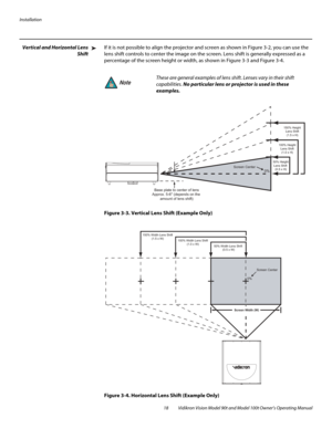 Page 28Installation
18 Vidikron Vision Model 90t and Model 100t Owner’s Operating Manual
Vertical and Horizontal Lens 
Shift
If it is not possible to align the projector and screen as shown in Figure 3-2, you can use the 
lens shift controls to center the image on the screen. Lens shift is generally expressed as a 
percentage of the screen height or width, as shown in 
Figure 3-3 and Figure 3-4. 
Figure 3-3. Vertical Lens Shift (Example Only)
Figure 3-4. Horizontal Lens Shift (Example Only)
➤
These are general...