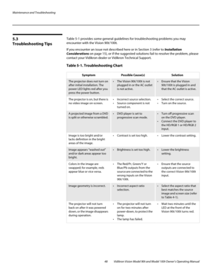 Page 58Maintenance and Troubleshooting
48 Vidikron Vision Model 90t and Model 100t Owner’s Operating Manual
5.3 
Troubleshooting Tips
Table 5-1 provides some general guidelines for troubleshooting problems you may 
encounter with the Vision 90t/100t. 
If you encounter an issue not described here or in Section 3 (refer to Installation 
Considerations on page 15), or if the suggested solutions fail to resolve the problem, please 
contact your Vidikron dealer or Vidikron Technical Support. 
Table 5-1....
