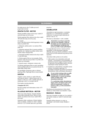 Page 107107
SLOVENSKOSL
Ne nalijte preveč olja. To lahko povzroči 
pregrevanje motorja. 
ZRAČNI FILTER - MOTOR
Očistite predfilter enkrat na leto ali po vsakih 25 
urah delovanja, kar koli je prej.
Očistite papirnati filter enkrat na leto ali po vsakih 
100 urah delovanja, kar koli je prej.
Vsi modeli:
Pozor! Oba filtra morate očistiti pogosteje, če stroj 
deluje na prašnih tleh.
1. Odstranite zaščitni pokrov na zračnem filtru 
(slika 10). 
2. Odstranite papirnati filter in penasti predfilter. 
Poskrbite, da v...