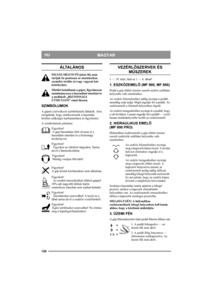 Page 120120
MAGYARHU
ÁLTALÁNOS
FIGYELMEZTETŐ jelzés Ha nem 
tartják be pontosan az utasításokat, 
személyi sérülés és/vagy vagyoni kár 
keletkezhet.
Mielőtt beindítaná a gépet, figyelmesen 
tanulmányozza a használati utasítást és 
a mellékelt „BIZTONSÁGI 
ÚTMUTATÓ” című füzetet.
SZIMBÓLUMOK
A gépen a következő szimbólumok láthatók. Arra 
szolgálnak, hogy emlékeztessék a használat 
közben szükséges karbantartásra és figyelemre.
A szimbólumok jelentése:
Figyelem! 
 A gép használata előtt olvassa el a 
használati...