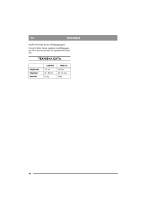 Page 3030
SVENSKASV
medför allvarliga skador på klippaggregatet.
Om så är fallet, lämna maskinen med klippaggre-
gat till en serviceverkstad för reparation och över-
syn.
TEKNISKA DATA
AMM 842 AME 842
Klippbredd107 cm 107 cm
Klipphöjd 30 - 85 mm 30 - 85 mm
Nettovikt 53 kg 53 kg 