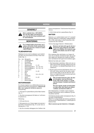 Page 1717
NORSKNO
GENERELT
Dette symbolet betyr ADVARSEL. 
Hvis du ikke følger instruksjonene 
nøye, kan det føre til personskade og/el-
ler materialskade.
MONTERING
For å unngå skader på personer og ei-
endom, må du ikke bruke maskinen før 
du har gjort alt som er beskrevet under 
«MONTERING».
TILBEHØRSPOSE
Maskinen leveres med en plastpose som innehol-
der deler som må monteres før bruk. Posen inne-
holder (fig. 1):
Pos. Ant. Betegnelse Mål
A 1 Tennplugghylse
B 1 Dreiepinne
C 2 Skrue (F420)
D 1 Strammestift 6...