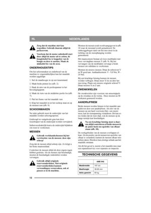 Page 1212
NEDERLANDSNL
Zorg dat de machine niet kan 
wegrollen. Gebruik daarom altijd de 
parkeerrem.
Voorkom dat de motor onbedoeld start 
door altijd de motor uit te zetten, de 
bougiekabel los te koppelen van de 
bougie en deze te aarden. Maak de 
minkabel los van de accu. 
ONDERHOUDSTIPS
Om het schoonmaken en onderhoud van de 
machine te vergemakkelijken kan het maaidek 
worden opgeklapt: 
1. Stel de maaihoogte in op een tussenstand. 
2. Maak beide pinnen los (afb. 2). 
3. Haak de arm van de poeliespanner...