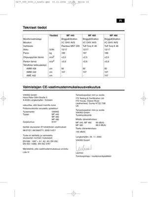 Page 15FI
Valmistajan CE-vaatimustenmukaisuusvakuutus
VIKING GmbH
Hans-Peter-Stihl-Straße 5
A-6336 Langkampfen / Kufstein
vakuuttaa, että tässä mainittu kone
Polttomoottorilla varustettu ajoleikkuri 
Tuotemerkki: VIKING
Tyyppi: MF 440
MF 460
MF 480
Sarjatunnus: 6157
täyttää seuraavien EY-direktiivien vaatimukset:
98/37/EY, 89/336/ETY, 2000/14/EY
Tuote on kehitetty ja valmistettu 
seuraavien normien mukaisesti:
EN 836 : 1997 + A1, A2, A3, EN 292,
EN ISO 14982, EN ISO 3767
Menetelmä, jolla vaatimustenmukaisuus...