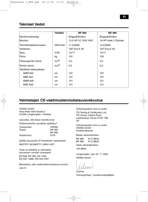 Page 15FI
Valmistajan CE-vaatimustenmukaisuusvakuutus
VIKING GmbH
Hans-Peter-Stihl-Straße 5
A-6336 Langkampfen / Kufstein
vakuuttaa, että tässä mainittu kone
Polttomoottorilla varustettu ajoleikkuri 
Tuotemerkki: VIKING
Tyyppi: MF 860
MF 880
Sarjatunnus: 6155
täyttää seuraavien EY-direktiivien vaatimukset:
98/37/EY, 89/336/ETY, 2000/14/EY
Tuote on kehitetty ja valmistettu 
seuraavien normien mukaisesti:
EN 836, EN 292, EN 1033,
EN ISO 14982, EN ISO 3767
Menetelmä, jolla vaatimustenmukaisuus arvioitu:
Liite...