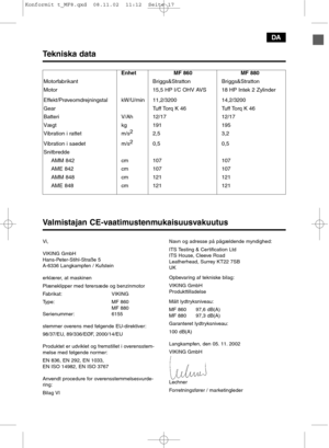 Page 17DA
Valmistajan CE-vaatimustenmukaisuusvakuutus
Vi,
VIKING GmbH
Hans-Peter-Stihl-Straße 5
A-6336 Langkampfen / Kufstein
erklærer, at maskinen
Plæneklipper med førersæde og benzinmotor
Fabrikat: VIKING
Type: MF 860
MF 880
Serienummer: 6155
stemmer overens med følgende EU-direktiver:
98/37/EU, 89/336/EØF, 2000/14/EU
Produktet er udviklet og fremstillet i overensstem-
melse med følgende normer:
EN 836, EN 292, EN 1033,
EN ISO 14982, EN ISO 3767
Anvendt procedure for overensstemmelsesvurde-
ring:
Bilag VINavn...