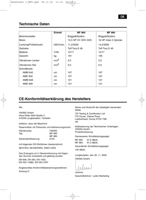 Page 3Wir,
VIKING GmbH
Hans-Peter-Stihl-Straße 5
A-6336 Langkampfen / Kufstein
erklären, dass die Maschine
Rasenmäher mit Fahrersitz und Verbrennungsmotor
Fabrikmarke: VIKING
Typ: MF 860
MF 880
Serienidentifizierung: 6155
mit folgenden EG-Richtlinien übereinstimmt:
98/37/EG, 89/336/EWG, 2000/14/EG
Das Erzeugnis ist in Übereinstimmung mit folgen-
den Normen entwickelt und gefertig worden:
EN 836, EN 292, EN 1033,
EN ISO 14982, EN ISO 3767
Angewandtes Konformitätsbewertungsverfahren:
Anhang VIName und Anschrift...