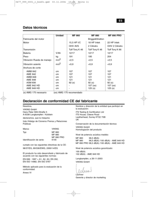 Page 11Nosotros,
VIKING GmbH
Hans Peter Stihl-Straße 5
A-6336 Langkampfen / Kufstein
declaramos, que la máquina
Inés Hidalgo de Cisneros Prensa y Relaciones
Públicas
Marca: VIKING
Typ: MF 860
MF 880
MF 890 PRO
Identificación de serie: 6155
cumple con las siguientes directivas de la CE:
98/37/EG, 89/336/EWG, 2000/14/EG
El producto ha sido desarrollado y fabricado de
acuerdo con las siguientes normas:
EN 836 : 1997 + A1, A2, A3, EN 292,
EN ISO 14982, EN ISO 3767
Método aplicado para la evaluación de la...