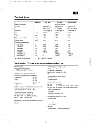 Page 19FI
Valmistajan CE-vaatimustenmukaisuusvakuutus
VIKING GmbH
Hans-Peter-Stihl-Straße 5
A-6336 Langkampfen / Kufstein
vakuuttaa, että tässä mainittu kone
Polttomoottorilla varustettu ajoleikkuri 
Tuotemerkki: VIKING
Tyyppi: MF 860
MF 880
MF 890 PRO
Sarjatunnus: 6155
täyttää seuraavien EY-direktiivien vaatimukset:
98/37/EY, 89/336/ETY, 2000/14/EY
Tuote on kehitetty ja valmistettu 
seuraavien normien mukaisesti:
EN 836 : 1997 + A1, A2, A3, EN 292,
EN ISO 14982, EN ISO 3767
Menetelmä, jolla...