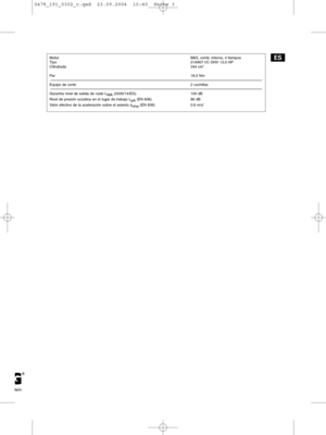 Page 3tein
MotorB&S, comb. interna, 4 tiempos
Tipo21A907 I/C OHV 13,5 HP
Cilindrada344 cm
3
Par18,5 Nm
Equipo de corte 2 cuchillas 
Garantía nivel de salida de ruido L
WA(2000/14/EG) 100 dB
Nivel de presión acústica en el lugar de trabajo L
pA(EN 836) 86 dB
Valor efectivo de la aceleración sobre el asiento a
vhw (EN 836) 0,6 m/s
2
ES
0478_191_0302_c.qxd  23.09.2004  10:40  Seite 3  