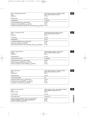 Page 6Engine, construction MT 795 4-takt förbränningsmotor Briggs & Stratton
Typ 407777 INTEK V-TWIN OHV 22 HP
Slagvolym 656 cm
3
Vridmoment 44,2 Nm
Klippaggregat 2 knivar
Garanterad ljudeffektnivå LWA(2000/14/EG) 105 dB
Ljudnivå på arbetsplats L pA(EN 836) 90 dB
Reel akselerasjonsverdi er målt med sittende operator a vhw (EN 836) 3,5 m/s
2
Moottorin rakenne MT 795 4-tahtinen Briggs & Stratton -polttomoottori
Tyyppi 407777 INTEK V-TWIN OHV 22 HP
Iskutilavuus 656 cm
3
Vääntömomentti 44,2 Nm
Leikkuukoneiston...