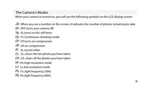 Page 9The Camera’s Modes
-8-
When your camera is turned on, you will see the following symbols on the LCD display screen:When you see a number on the screen, it indicates the number of photos remaining to take.
OFF..turns your camera of.
St..turns on the self timer
Ct..Continuous shooting mode.
CP..turns on compression
nP..no compression
AI..record video CL..clears the last photo you have taken
CA..clears all the photos you have taken
Hr..high resolution mode
Lr..low resolution mode
F5..light frequency 50Hz...
