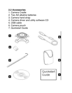 Page 5  2.2 Accessories 
1. Camera Cradle  
2. Two AA alkaline batteries 
3. Camera hand strap 
4. Camera driver and utility software CD 
5. USB cable 
6. Camera pouch  
7. Quickstart Guide      