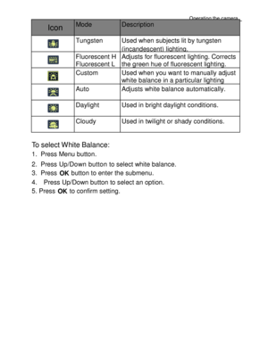 Page 20 Operating the camera 
31 
 
Icon Mode Description 
 
 
Tungsten Used when subjects lit by tungsten 
(incandescent) lighting. 
 
 
 
 
Fluorescent H 
Fluorescent L 
Adjusts for fluorescent lighting. Corrects 
the green hue of fluorescent lighting. 
Ideal for indoor photos under fluorescent 
lighting without a flash.  
 
 
Custom Used when you want to manually adjust 
white balance in a particular lighting 
condition.  Auto Adjusts white balance automatically. 
 Daylight Used in bright daylight...