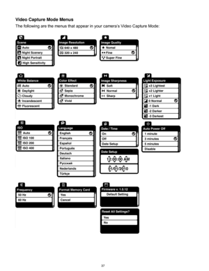 Page 38 37 
Video Capture Mode Menus 
The following are the menus that appear in your camera‟s Video Capture Mode: 
 
 
 
 
 
  