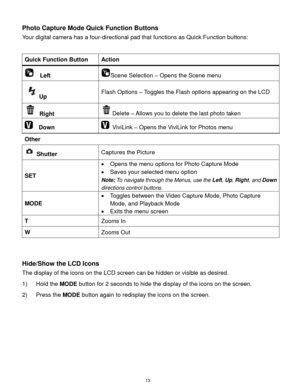 Page 14 13 
Photo Capture Mode Quick Function Buttons 
Your digital camera has a four-directional pad that functions as Quick Function buttons:  
 
Quick Function Button Action 
  Left Scene Selection – Opens the Scene menu 
Up Flash Options – Toggles the Flash options appearing on the LCD 
 Right Delete – Allows you to delete the last photo taken 
  Down  ViviLink – Opens the ViviLink for Photos menu 
Other  
 Shutter Captures the Picture 
SET 
 Opens the menu options for Photo Capture Mode 
 Saves your...