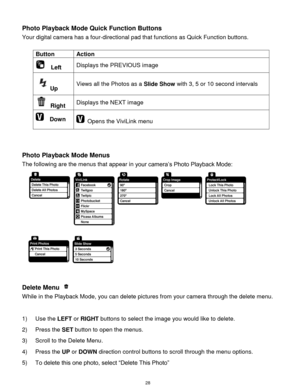 Page 29 28 
Photo Playback Mode Quick Function Buttons 
Your digital camera has a four-directional pad that functions as Quick Function buttons.  
 
Button Action 
  Left Displays the PREVIOUS image 
Up Views all the Photos as a Slide Show with 3, 5 or 10 second intervals 
 Right Displays the NEXT image 
  Down  Opens the ViviLink menu  
 
 
 
Photo Playback Mode Menus 
The following are the menus that appear in your camera‟s Photo Playback Mode: 
  
 
Delete Menu  
While in the Playback Mode, you can delete...