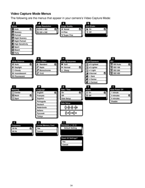 Page 35 34 
Video Capture Mode Menus 
The following are the menus that appear in your camera‟s Video Capture Mode: 
 
  