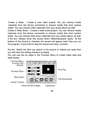 Page 33  
 
29 Create a Video – Create a new video project. You can retrieve media 
materials from the device connected or choose media files from system 
folder. You can choose video materials from your photo album as well. 
Create a Slide Show – Create a slide show project. You can retrieve media 
materials from the device connected or choose media files from system 
folder. You can choose slide show materials from your photo album as well. 
If the box “always show this wizard when VideoImpression starts.” At...